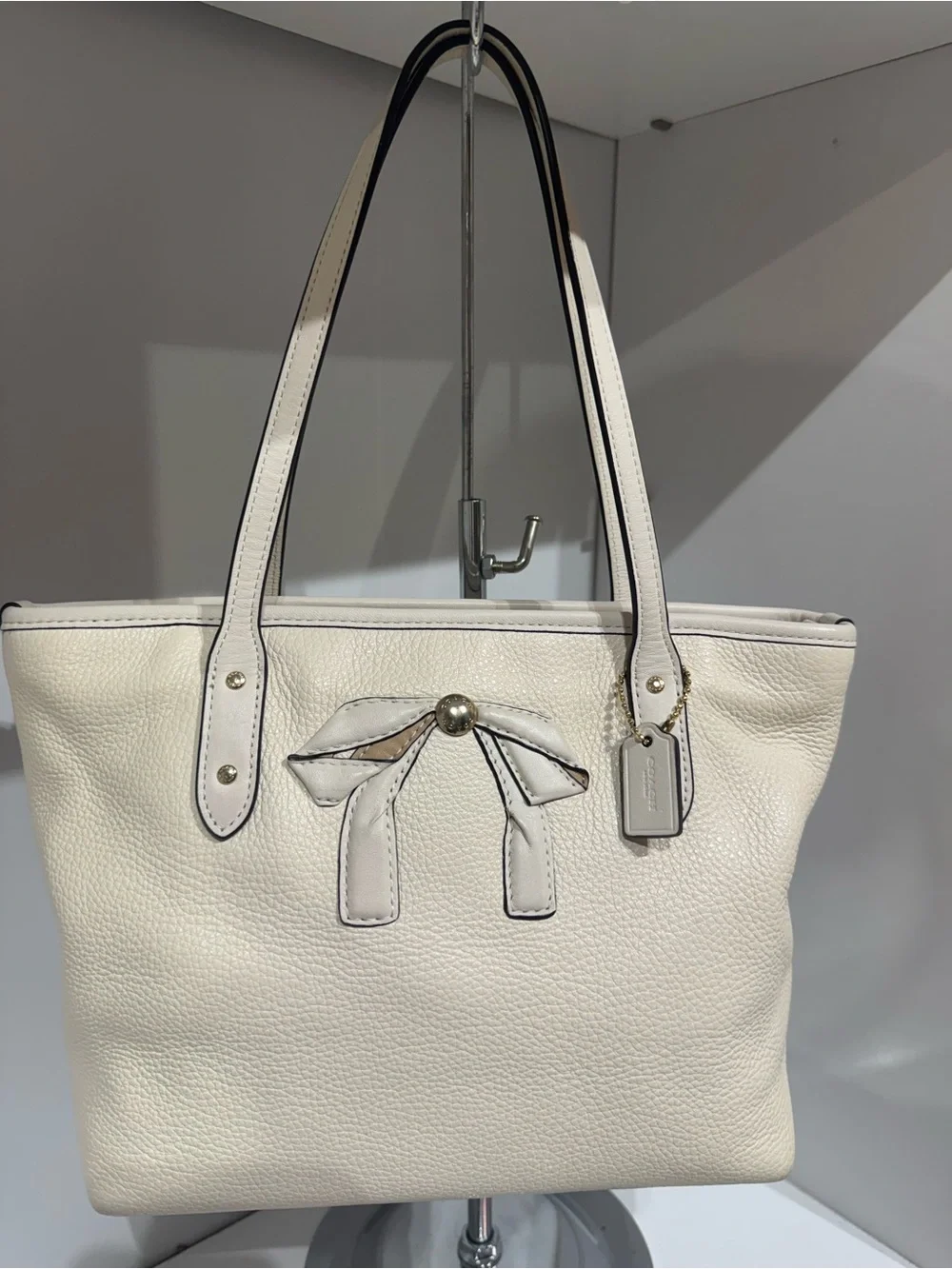 Coach Ivory Pebbled Leather Tote with Bow Accent